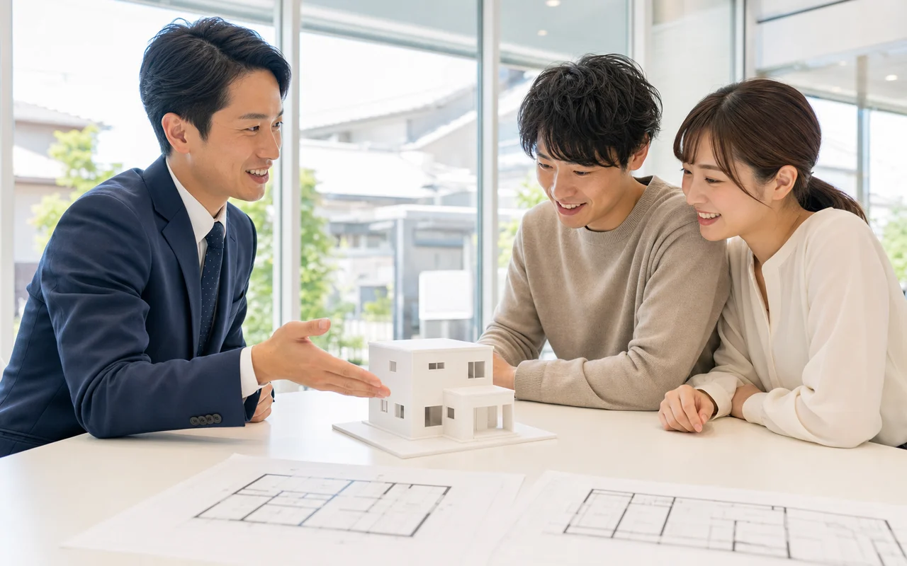 住宅模型を囲む商談シーン